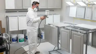 Professional cabinet painting in Durham NC using spray and brush techniques for smooth, durable kitchen finishes