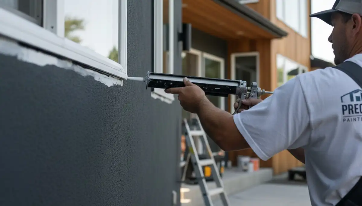 Professional house painter applying exterior caulking and sealing in Durham, NC for weather protection