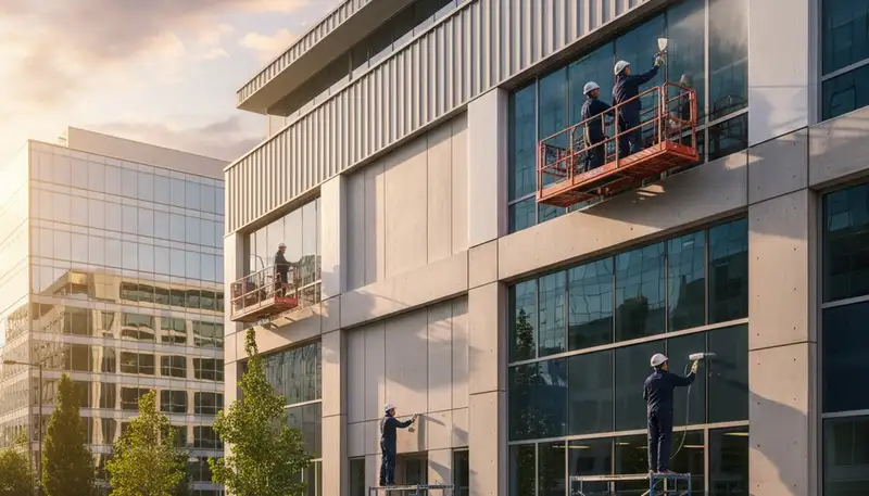 Professional commercial painters working on office exterior in Durham, NC