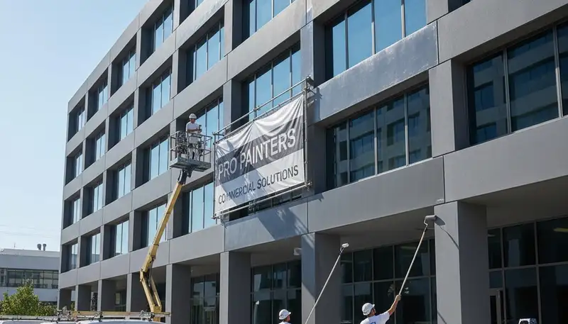 Professional commercial painters coating office exterior in Durham, NC for durable, high-traffic finish