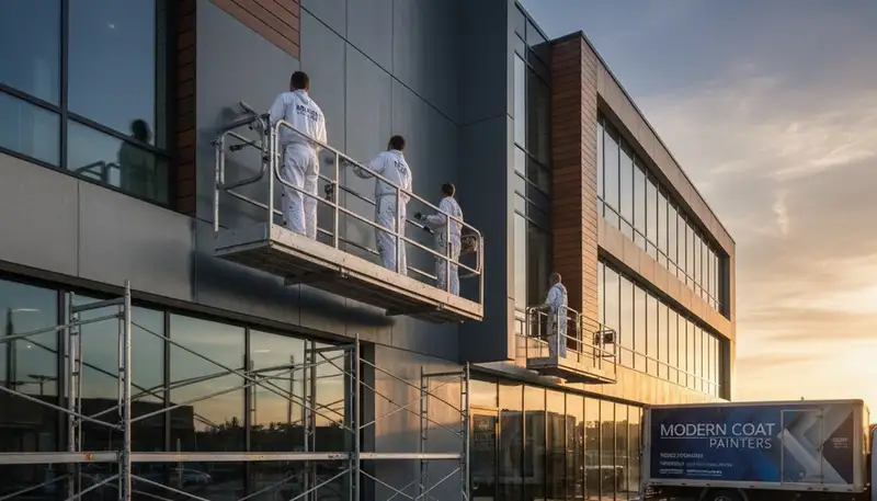 Commercial painters in Durham NC applying durable coatings to office building exterior