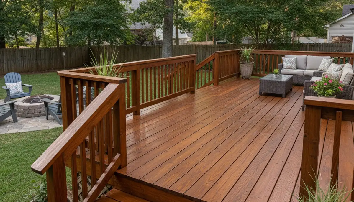 Finished deck staining in Durham NC showing rich wood color and weather-protected outdoor surface