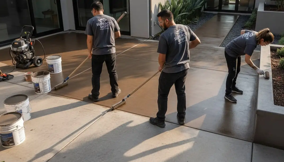 Professional concrete staining on Durham NC patio by expert house painters for durable surface finish