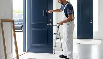 Professional door painting service in Durham, NC showing freshly refinished front entry door