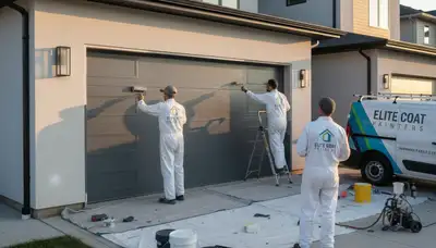 Professional painters refinishing a garage door in Durham, NC with durable, weather-resistant paint
