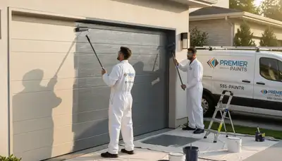 Professional painters refinishing a garage door in Durham, NC for a durable, weather-resistant finish