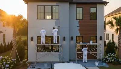 Professional house painters working on residential exterior in Durham, NC
