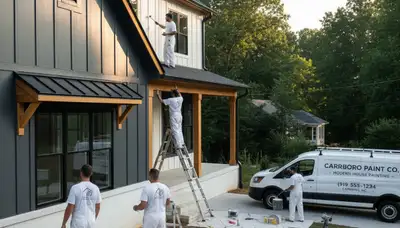 Professional house painters working on a freshly painted home exterior in Durham, NC