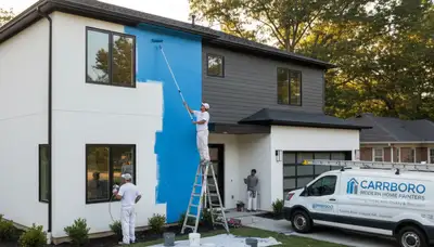 Professional house painters in Durham NC applying exterior paint to a residential home