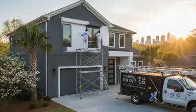 Professional house painters working on exterior home in Durham, NC