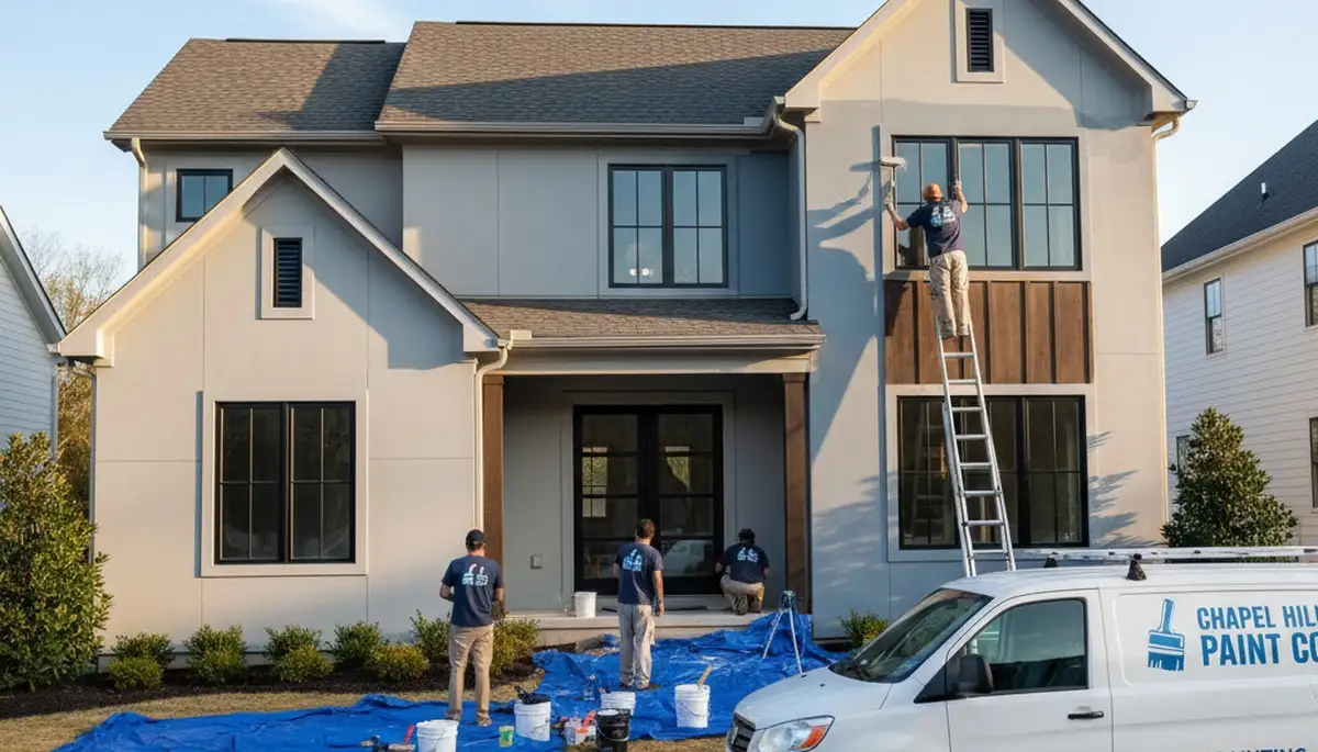 Professional house painters at work on Durham NC home exterior