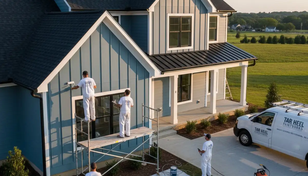 Professional house painters working on residential exterior in Durham, NC