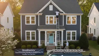 Professional house painters working on exterior home repaint in Durham, NC