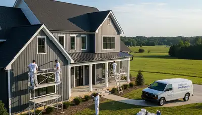 Professional house painters working on residential exterior in Durham NC