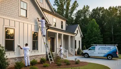 Professional house painters working on exterior home repaint in Durham NC