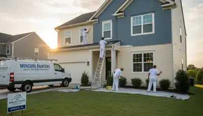 Professional house painters working on Durham NC home exterior repainting project