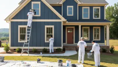 Professional house painters in Durham NC applying fresh exterior paint to a residential home