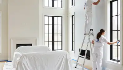 Professional interior house painters working in a Durham NC living room with fresh wall paint