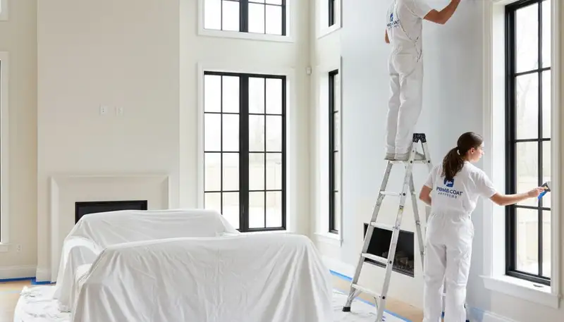 Professional interior house painters working in a Durham NC living room with fresh wall paint