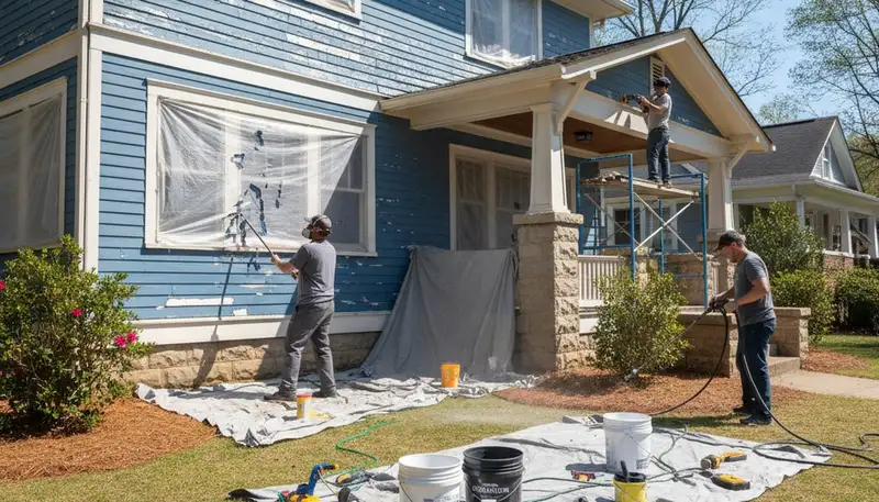 Painter sanding exterior siding for surface prep before painting a home in Durham, NC