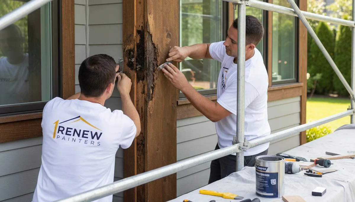 Painter repairing exterior wood rot on Durham NC home trim before painting