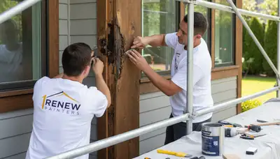 Painter repairing exterior wood rot on Durham NC home trim before painting